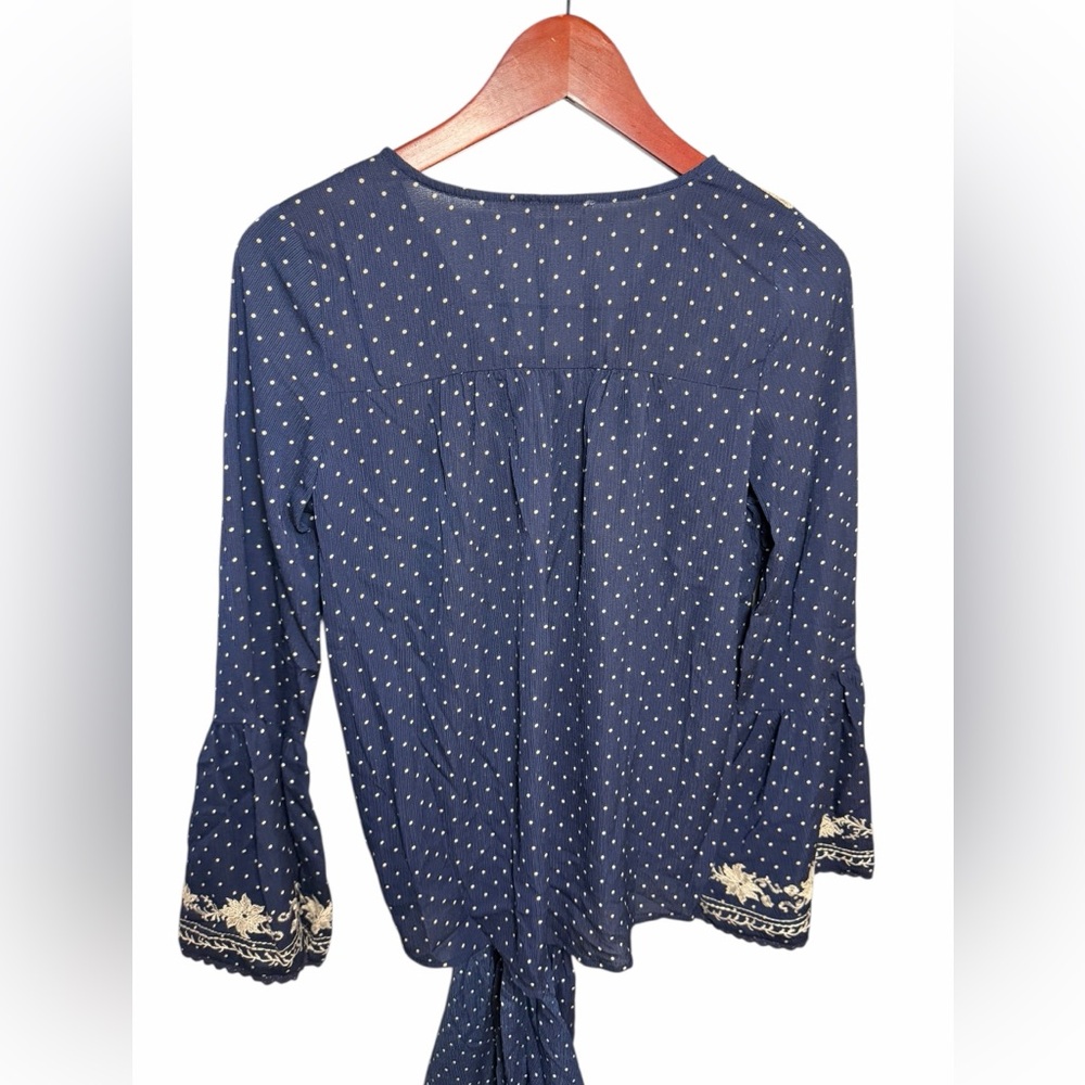 Blu Pepper Navy Floral Embroidered Blouse Tie Waist S - Picture 2 of 5